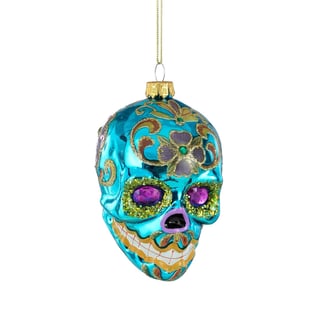 Kerstbal Skull Multicolor Blauw Glas 6x9x7cm Met Glitters