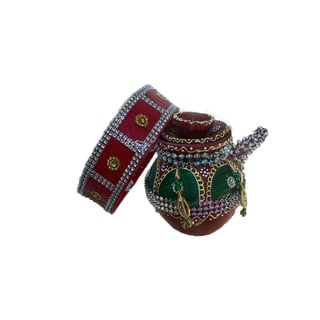 Decorated Karwa With Chalni in Red and Green Color for Karwachauth