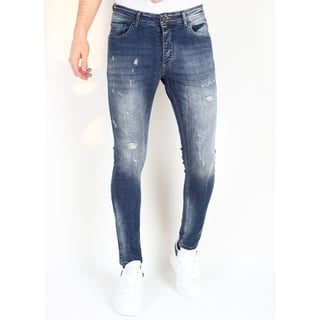 Stonewashed Slim Fit Mannen Spijkerbroek Met Scheuren -MM121- Blauw