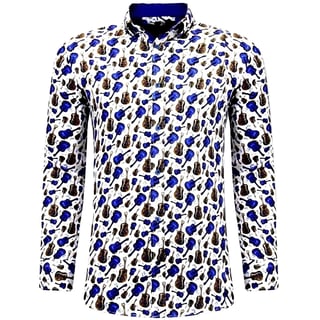 Luxe Heren Overhemden Met Gitaar Print - 3069 - Wit/Blauw