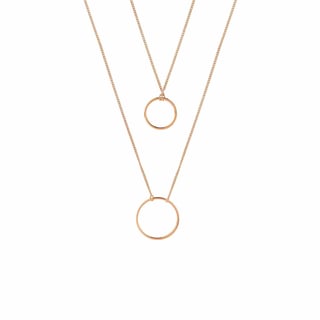 Silver Plated Double Necklace with Double Circle - Rose Gold Plated Brass