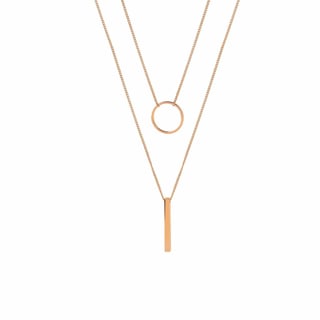 Silver Plated Double Necklace with Circle and Rod - Rose Gold Plated Brass