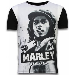 Bob Marley Black And White - Digital Rhinestone T-Shirt - Zwart