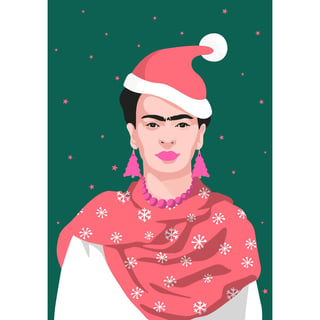 Pop Art New Generation Kerstkaart - Frida Kahlo Met Kerstmuts