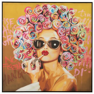 Schilderij Graffiti Vrouw Met Bloemen Canvas 100x100cm Ingelijst