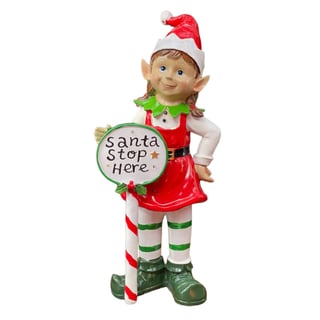 Beeld Kerst Elf Meisje 'Santa Stop Here' 20x45cm