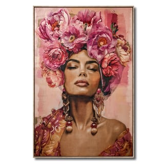 Schilderij Vrouw Met Fuchsia Bloemen Op Fluweel 83x123cm Ingelijst