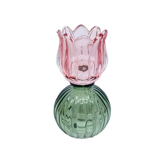 Waxinehouder Tulp Bol Roze Groen Glas 8x15cm