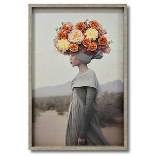 Schilderij Vrouw in Grijs Met 3-D Bloemen 83x123cm Ingelijst