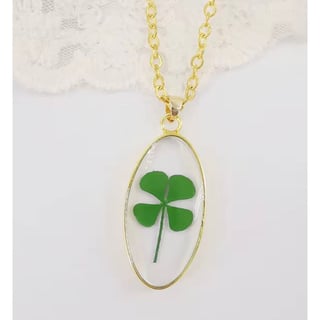 (Oval) Four-Leaf Clover Necklace  Real pressed flower