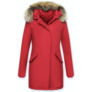 Bontjassen - Dames Winterjas Wooly Lang - Bontkraag - Parka - Rood