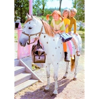 Pippi Langkous Postkaart - Pippi Op Witje Het Paard Met Tommy en Annika