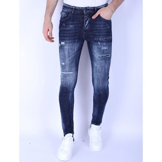 Donkerblauwe Slim Fit Heren Jeans Met Gaten - 1101 - Blauw