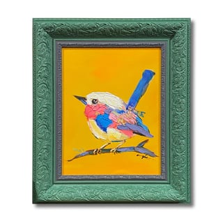 Schilderij Vogel Blauw Op Geel in Groene Lijst 51x61cm Handgeschilderd