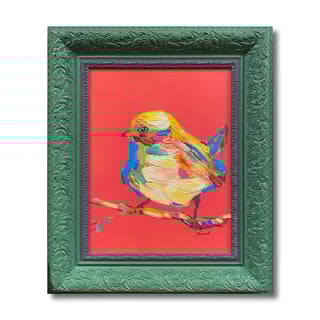 Schilderij Vogel Geel Op Fuchsia in Groene Lijst 51x61cm Handgeschilderd