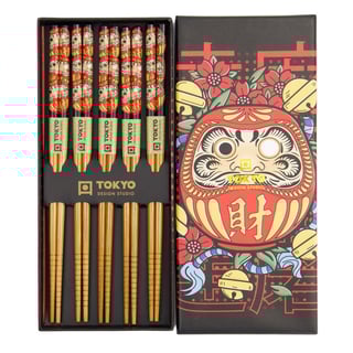 Eetstokjes Daruma Rood-Zwart Set 5 in Cadeau Doos