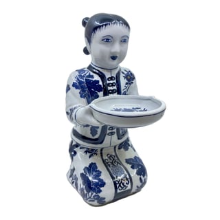 Beeld Chinese Vrouw Met Schaaltje Blauw-Wit Keramiek 14x30cm