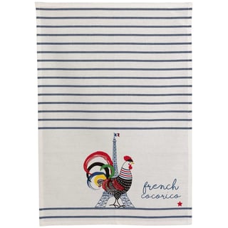 Gerecyclede theedoek Frans Cocorico Ecru/blauw 50 x 70