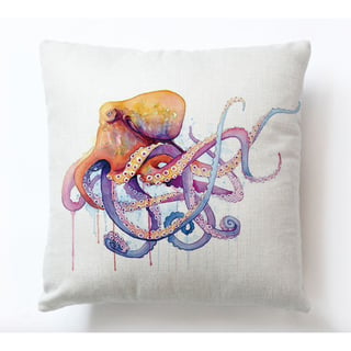 Kussenhoes Creme met Octopus. Decoratieve kussensloop creme, roze, oranje, rood, paars. Sierkussenhoes zee thema 45x45