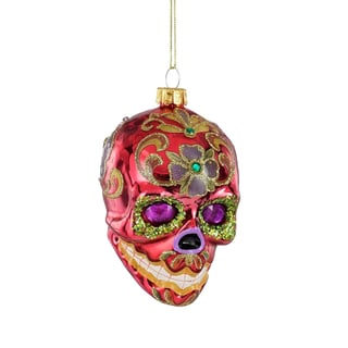 Kerstbal Skull Multicolor Roze Glas 6x9x7cm Met Glitters