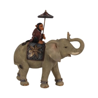 Beeldje Olifant en Aapje Met Parasol Multicolor 19x19cm