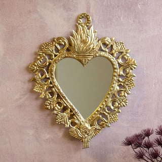 Spiegeltje Hart Met Vlam en Bessen Antiek Goud 36x38cm