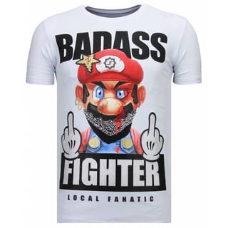 Fight Club Mario - Rhinestone T-Shirt - Wit
