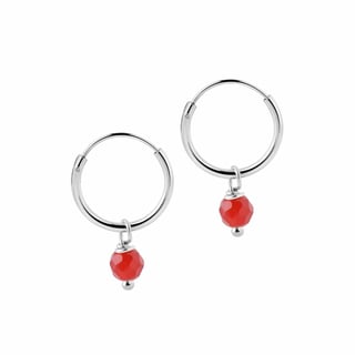 Small Silver Hoop Earrings with Red Stone