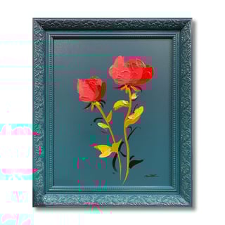 Schilderij Roze Bloemen in Petrol Sierlijst 50x60cm Handgeschilderd