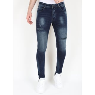 Donkerblauwe Stonewash Jeans Met Gaten Strech -MM120