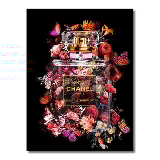 Glasschilderij Chanel Nr5 Rode Bloemen 60x80cm Goudfolie