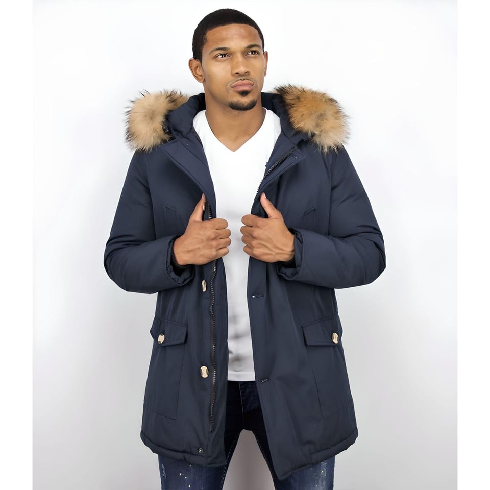 Parka Jas Heren Met Bontkraag Blauw