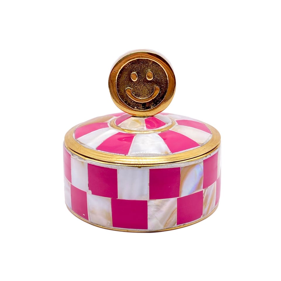 Doosje Smiley Roze-Wit Geblokt Messing 7x7cm