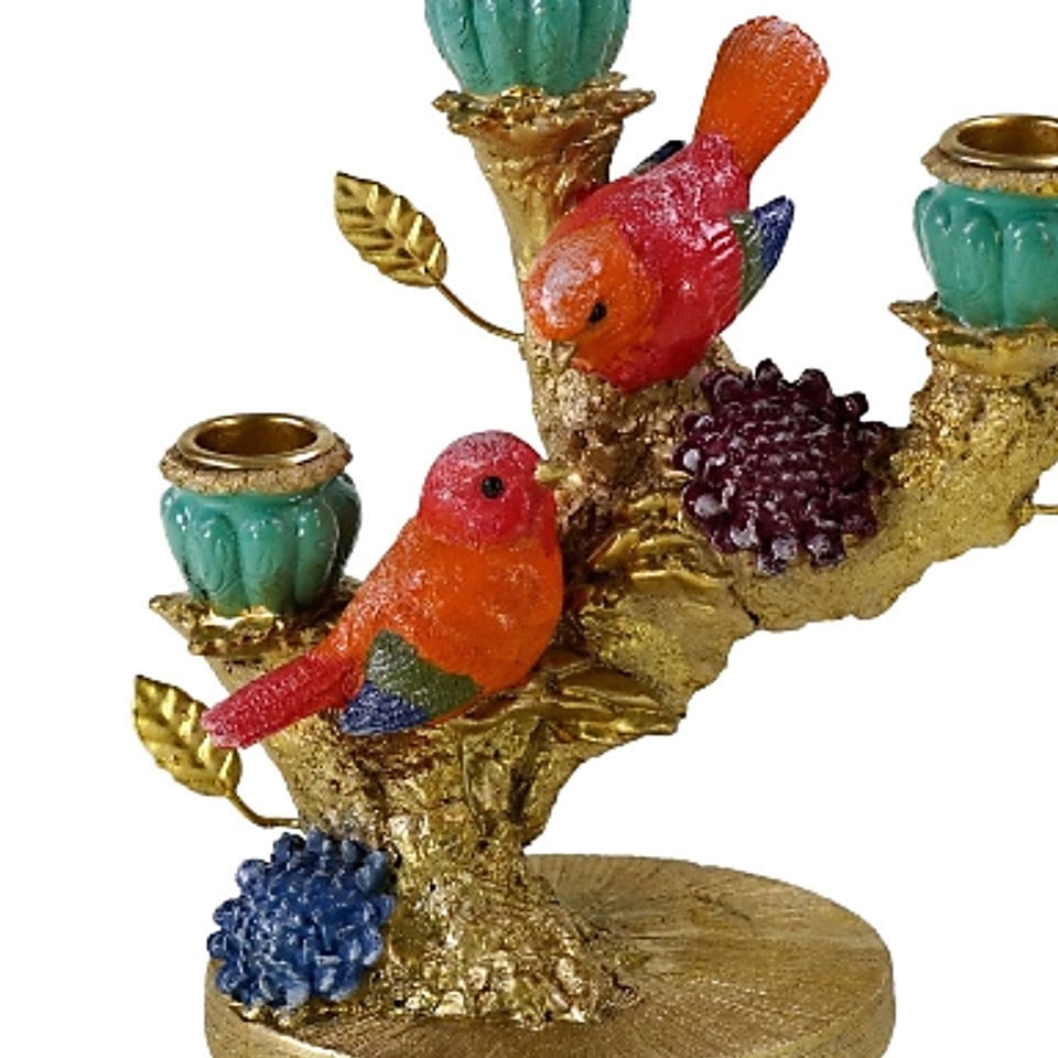 Kandelaar Twee Vogeltjes Multicolor Goud 22x20cm 3-Houders
