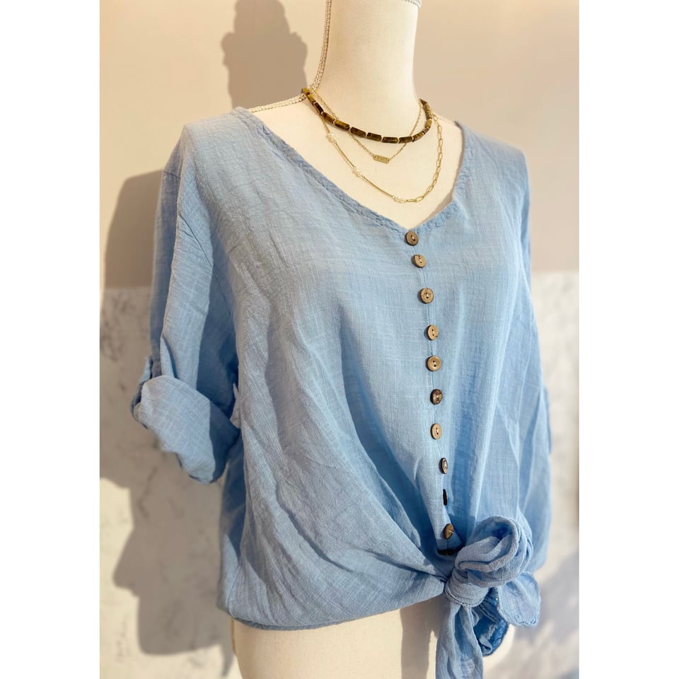 Button down knot blouse - Blue - Onesize