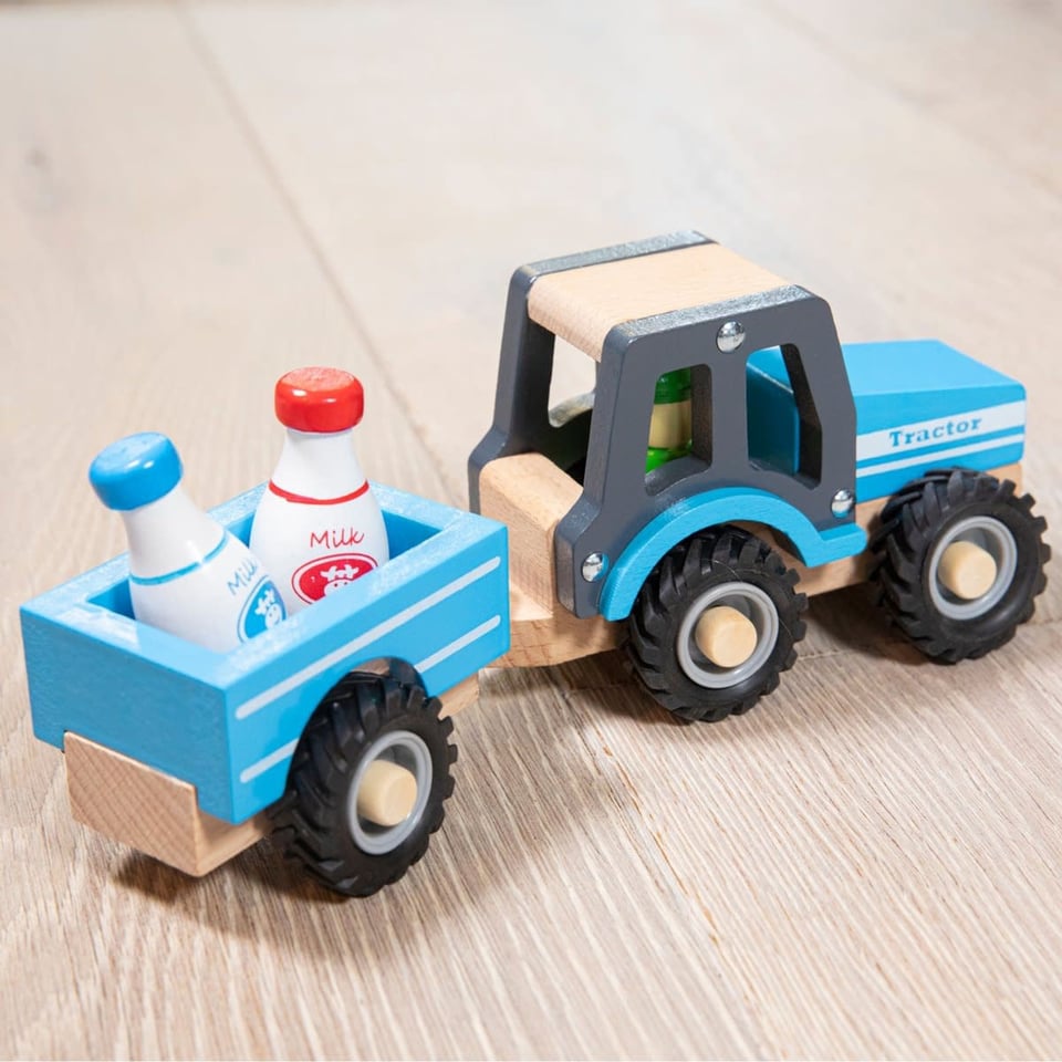 New Classic Toys Houten Tractor Met Aanhanger en Melkbussen +18 Mnd