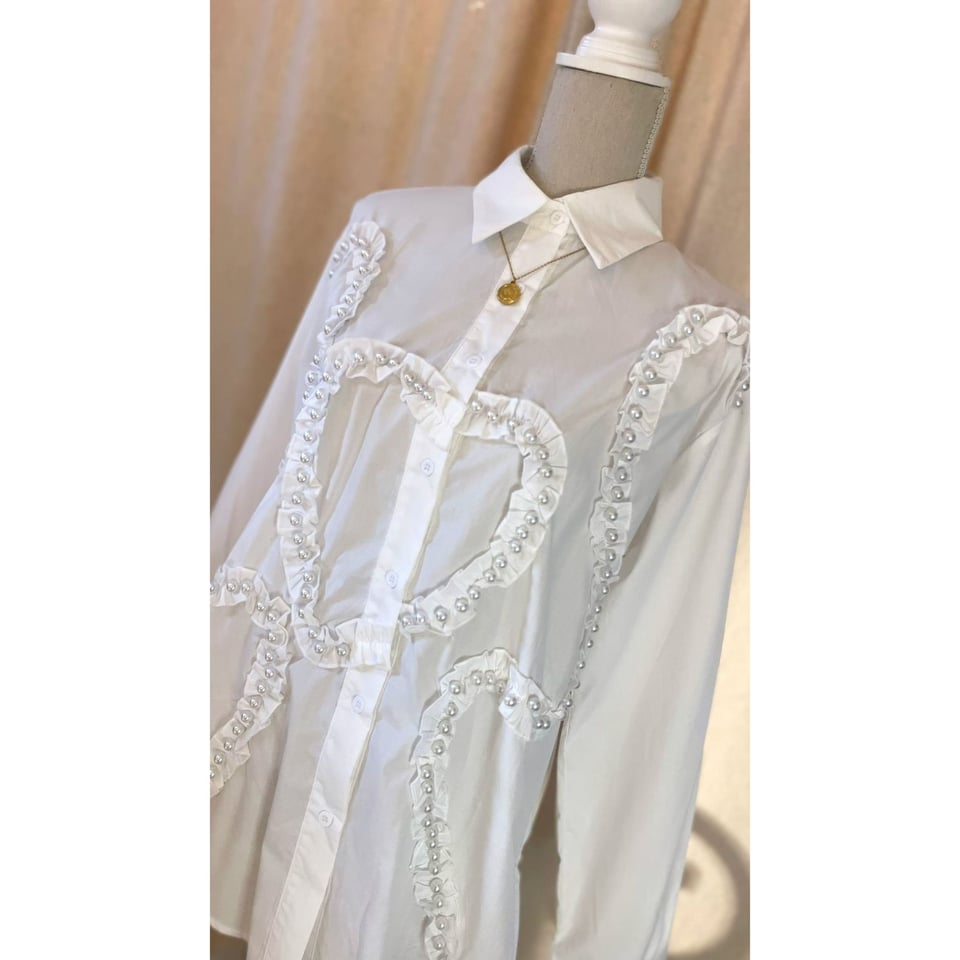 Poplin Pearl Blouse - White hearts - OneSize