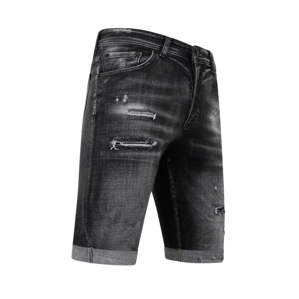 Stonewashed Ripped Mannen Short - Slim Fit -1085- Zwart