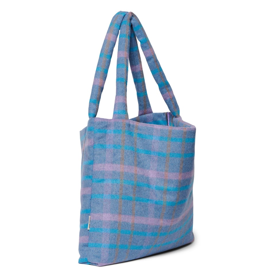 Sky Blue Wool Checked Mom Bag - No Embroidery / Sky Blue