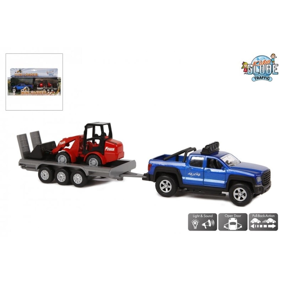 Kids Globe Die Cast Pull Back Terreinwagen Aanhanger Met Shovel Licht en Geluid 30 Cm 3+