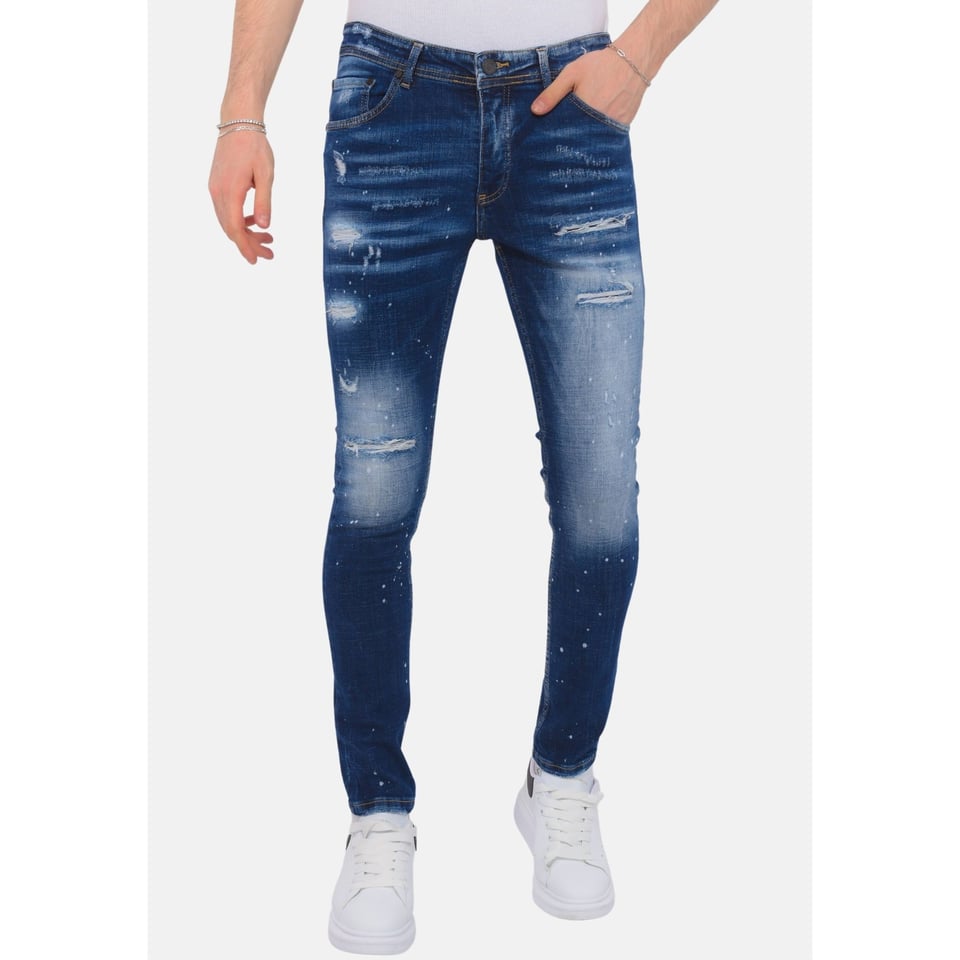 Stretch Denim with Paint Splash Heren - Slim Fit -1074- Blauw