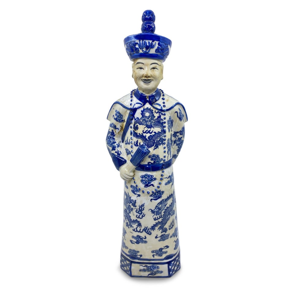 Beeld Chinese Keizer Zoon Staand Blauw Wit 12x45cm - Kleur: Porselein - Maat: H45cm