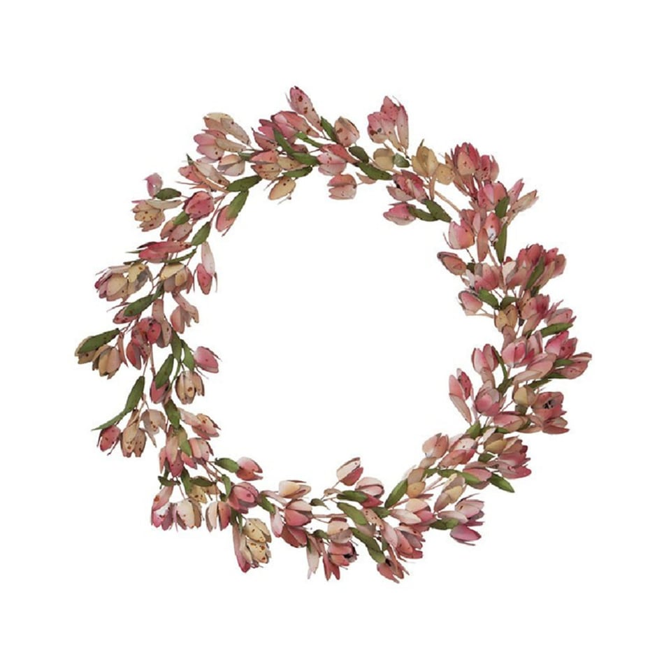 IN DE KLEUROPTAFEL KELDER Bungalow Decoratieve Metalen (Kerst)krans Met Roze Tulpjes en Groene Blaadjes Ø55 Cm