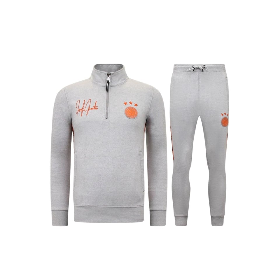 Heren Joggingspak - Half Zipper, Double Ribbon - Grijs / Oranje