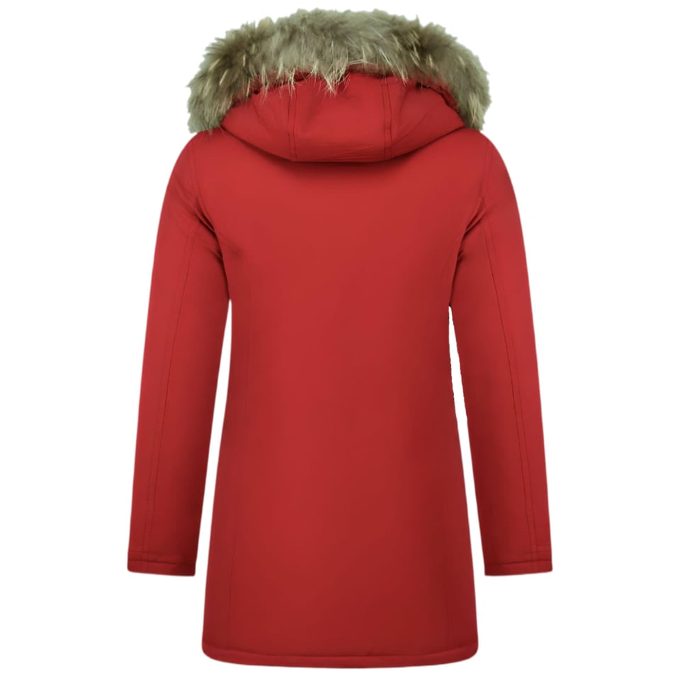 NepBontjassen - Dames Winterjas Wooly Lang - NepBontkraag - Parka Steekzakken - 5692A - Rood