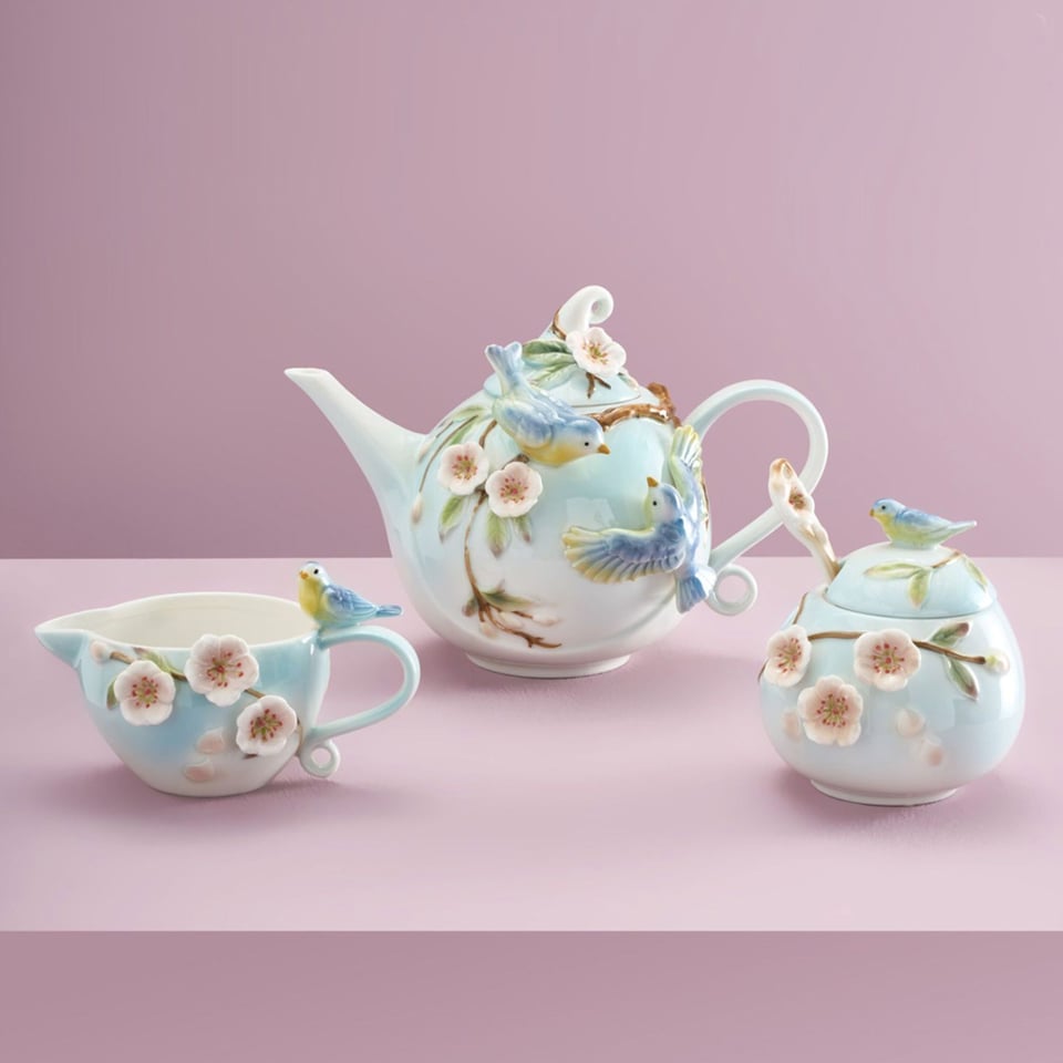 Theeset Vogels en Bloemen Multicolor - Theepot-Melkkan-Suikerpot