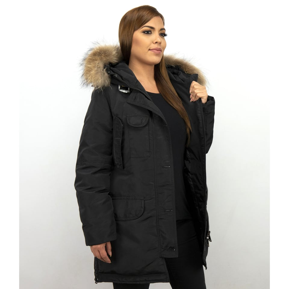 Lange Parka Winterjas Dames Met Bontkraag Zwart