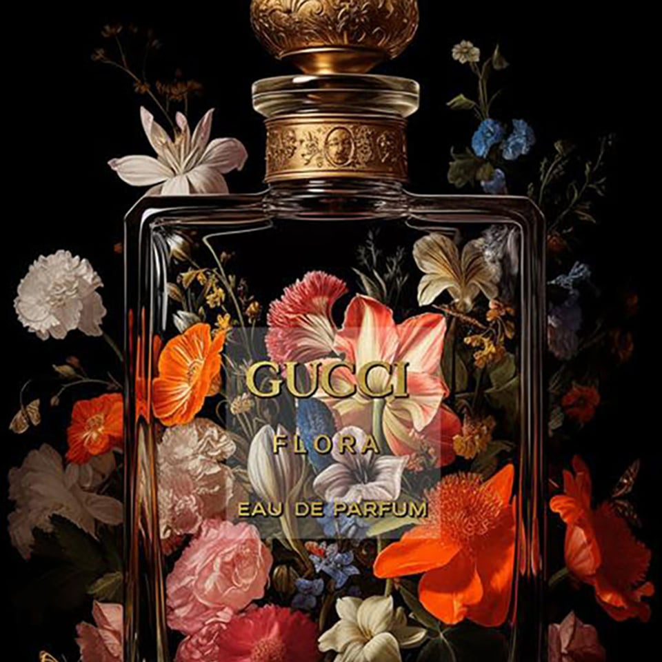 Glasschilderij Gucci Parfum Flora Multicolor Zwart 60x80cm