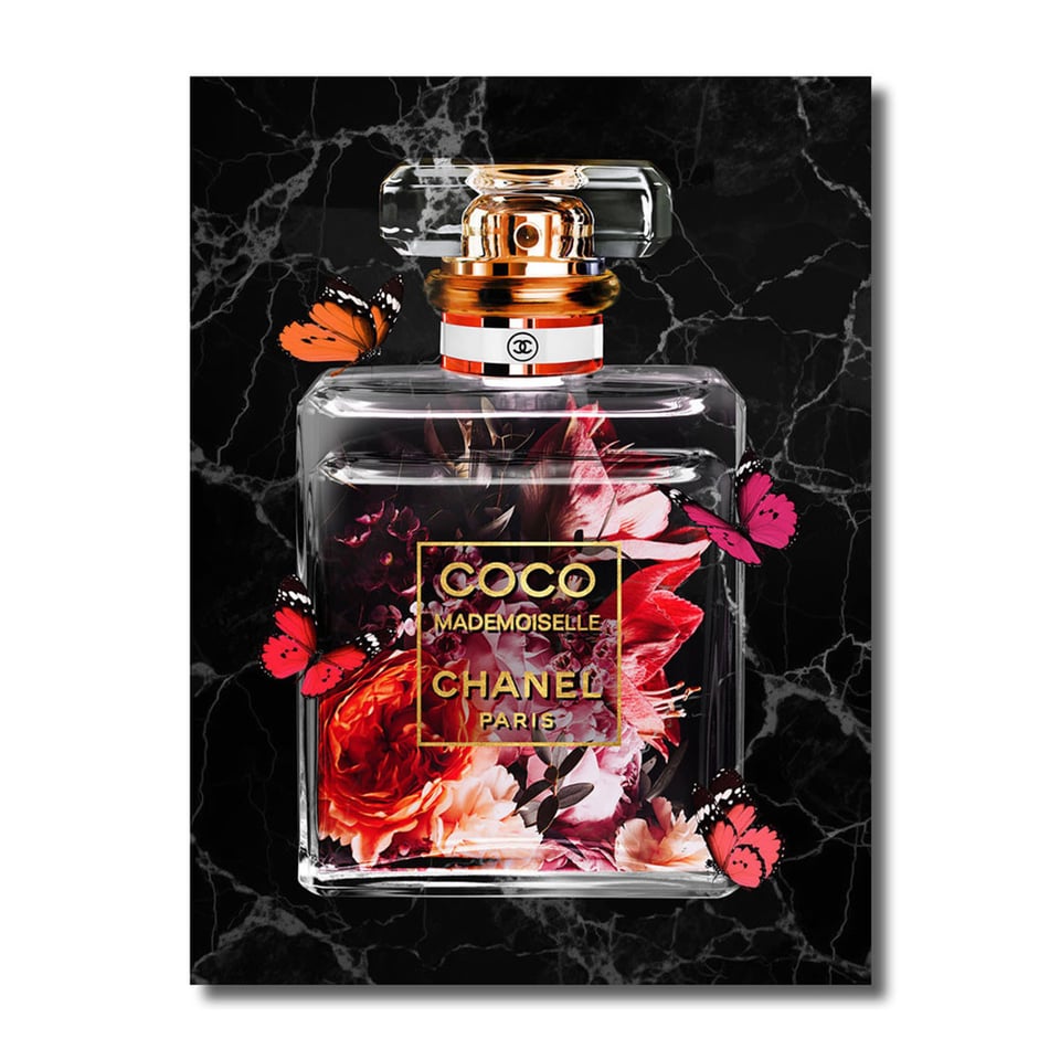 Glasschilderij Coco Chanel Vlinders 60x80cm Goudfolie