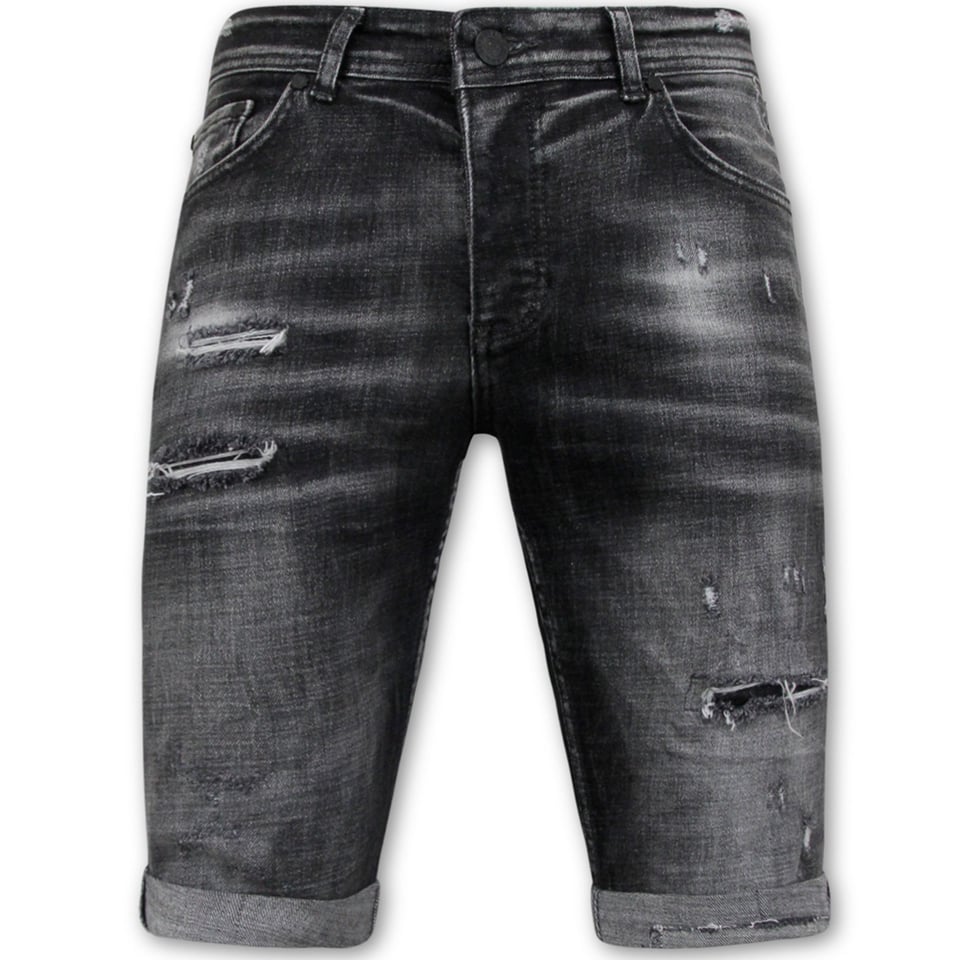 Stonewashed Ripped Mannen Short - Slim Fit -1085- Zwart